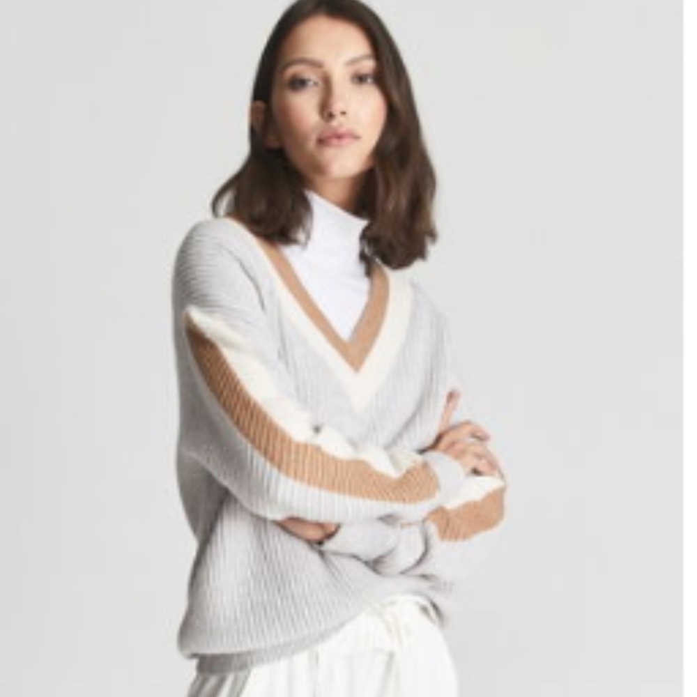 Reiss Gray and Brown V-Neck Sweater
